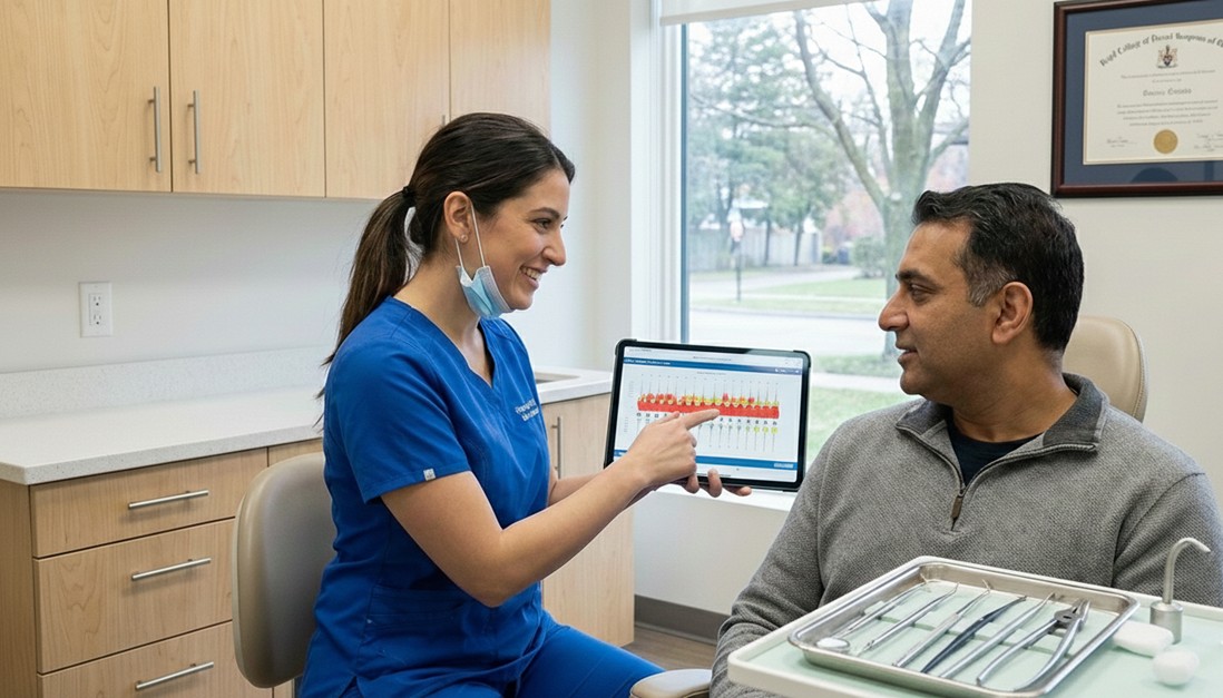 Dentist reviewing gum health assessment during dental hygiene visit in Brampton