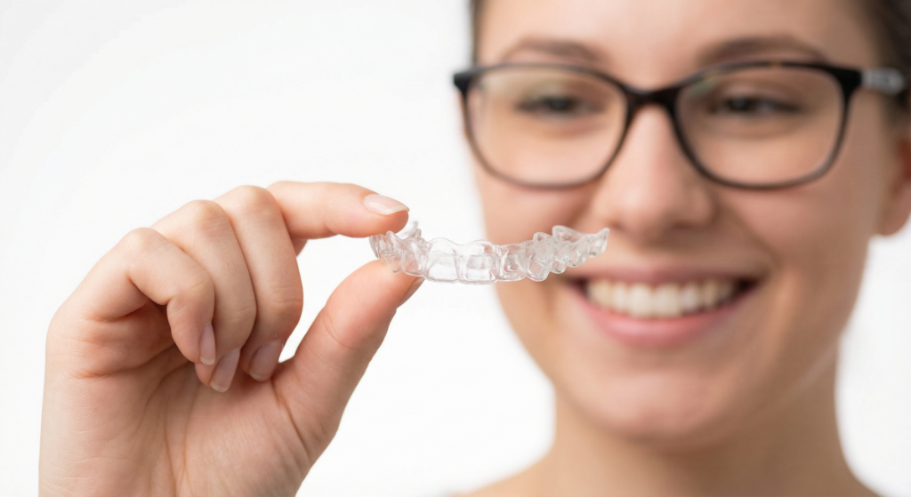 Adult patient wearing clear Invisalign aligners